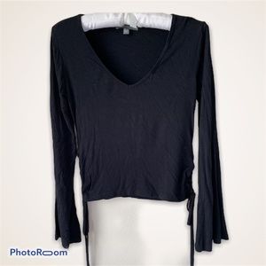 Black V-neck Long Flutter Sleeve Side Tie Tshirt